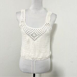 Say What? Women’s Ivory Large Crochet Knit Crop Top Sleeveless Drawstring EUC